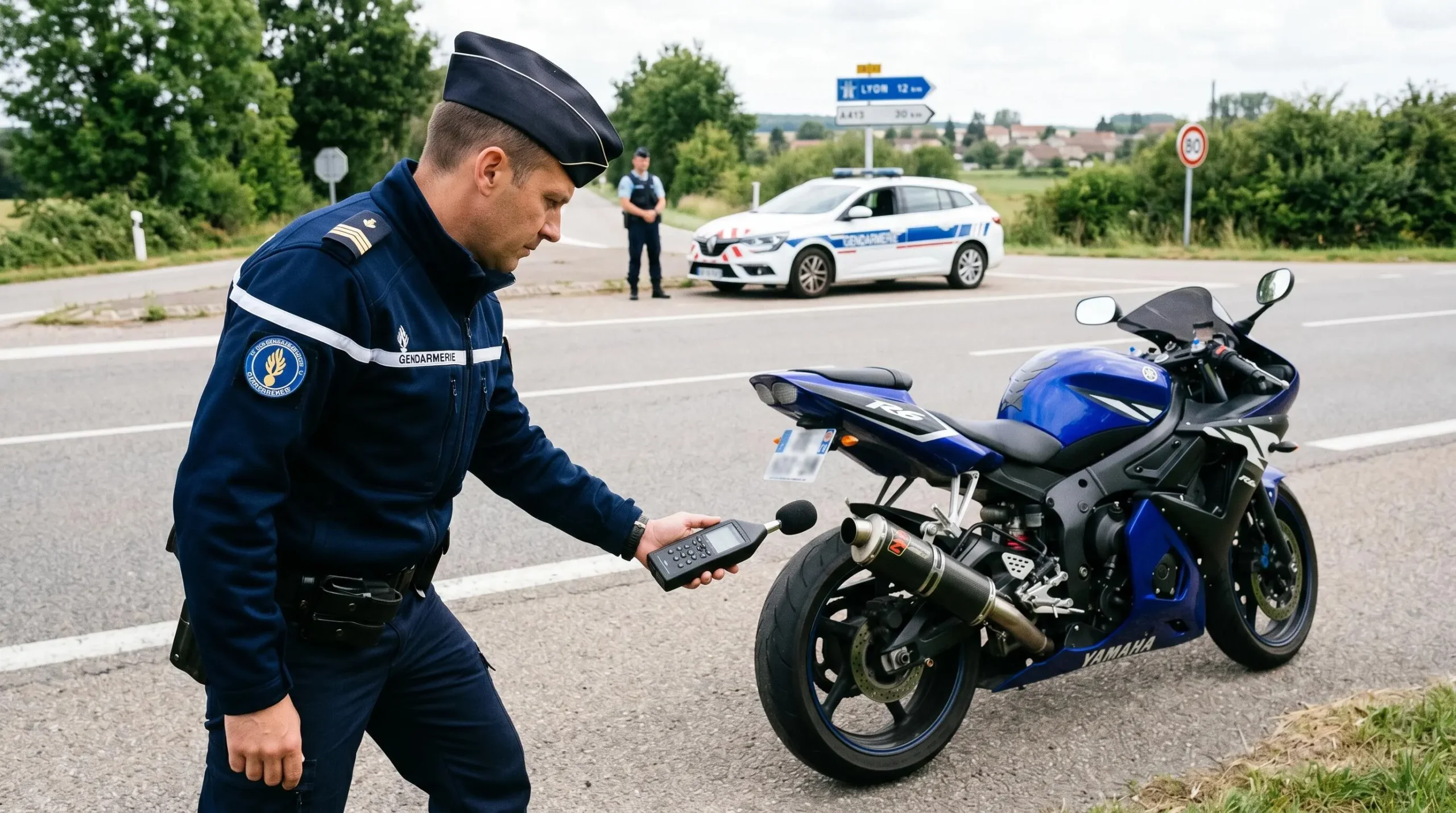 Gendarme français mesurant le niveau sonore d'un échappement moto avec sonomètre lors contrôle routier