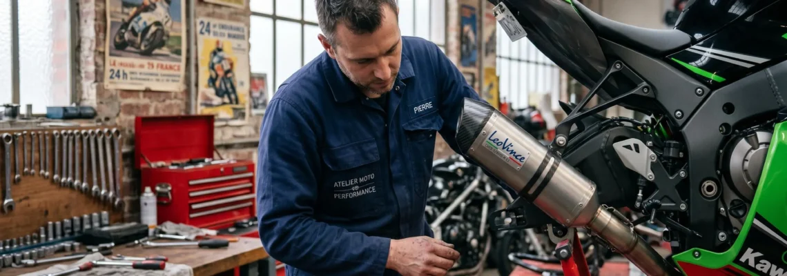 Technicien inspectant un échappement aftermarket avec plaque homologation sur moto sportive dans atelier professionnel français
