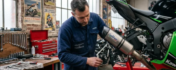 Technicien inspectant un échappement aftermarket avec plaque homologation sur moto sportive dans atelier professionnel français